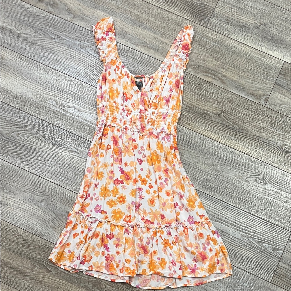 wild fable Peach & Pink Floral Ruffled Mini Dress